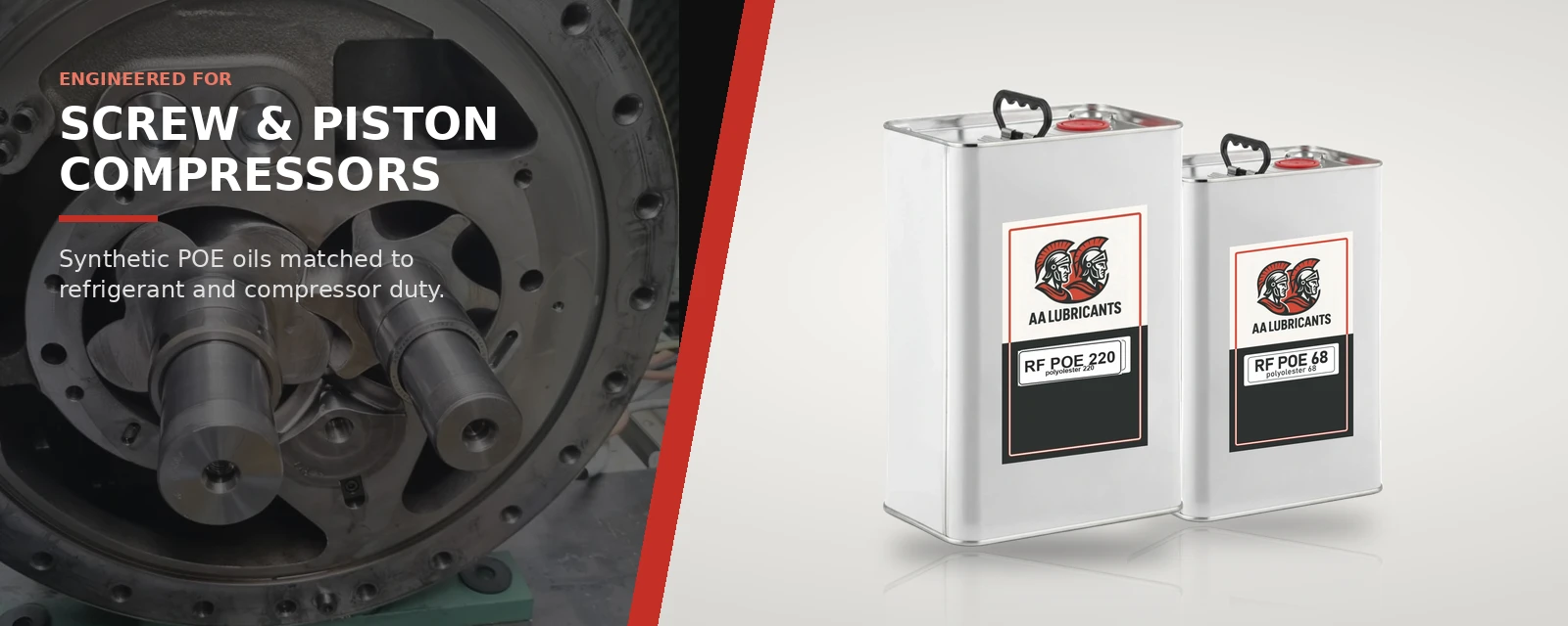 AA Lubricants RF POE 220 and RF POE 68 refrigeration oils with a screw compressor rotor set